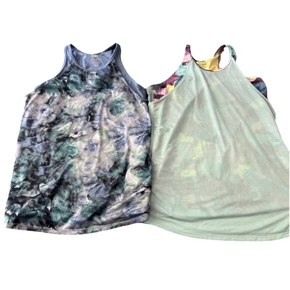 2 Athleta Girl tie breaker tank top XXL/16 Green Blue layered racerback tie Dye - Picture 1 of 8